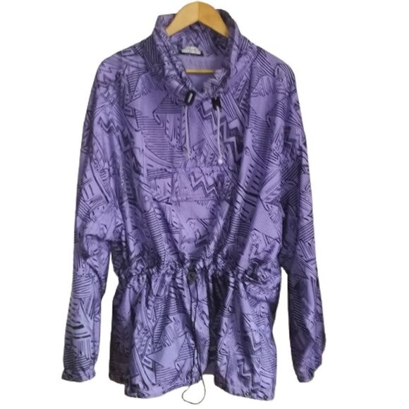 Vintage Jackets & Blazers - VINTAGE MISTRAL Purple & Black Abstract Comic Oversized Rain Coat Size Large